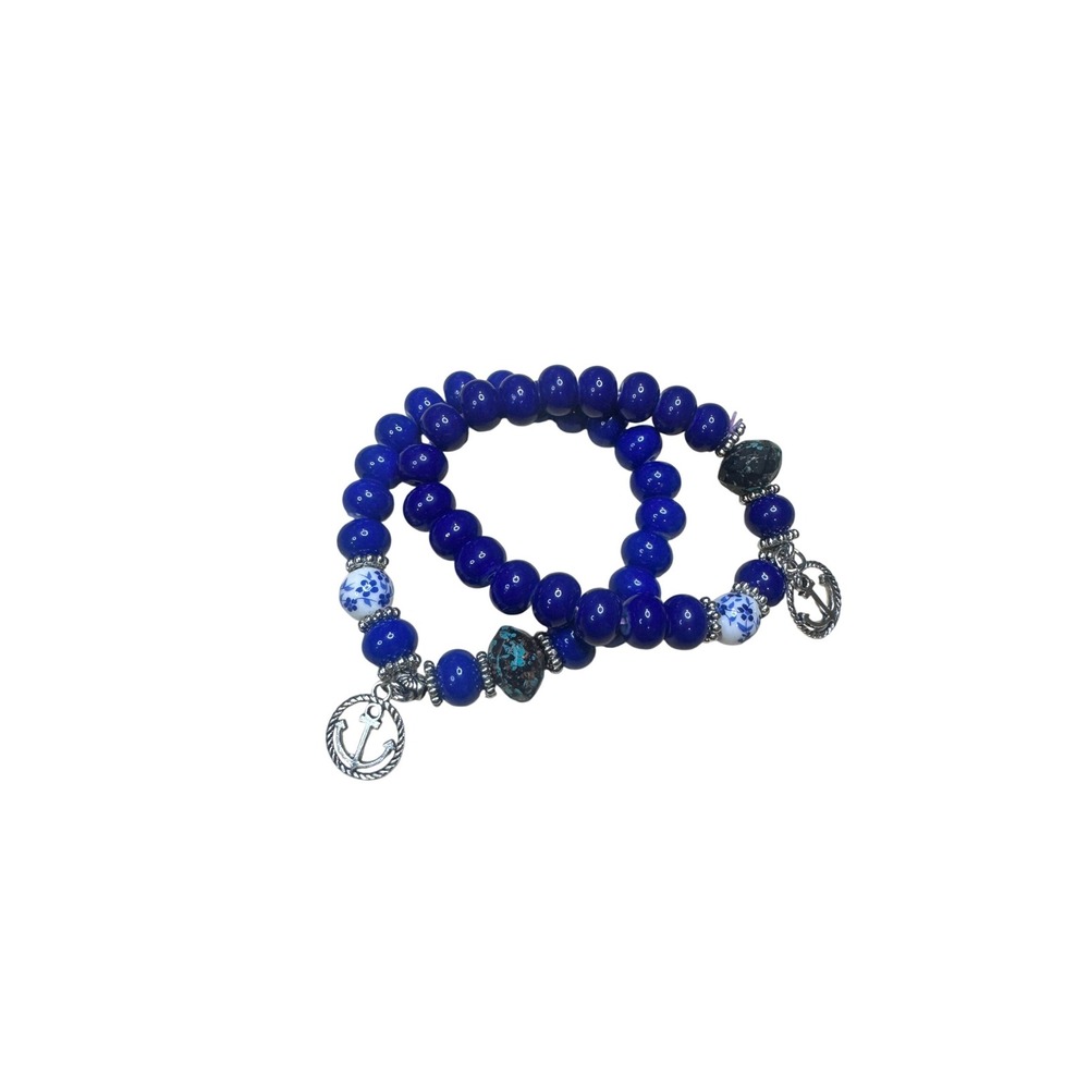 Blue Beaded Bracelet Set with Charms - Anchor, Floral